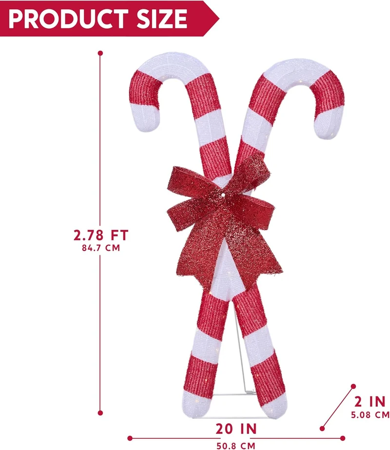 Lighted Candy Cane Christmas Decorations Outdoor, 50 Pre-Lit LED Warm White w/ Metal Stakes for Outside Porch