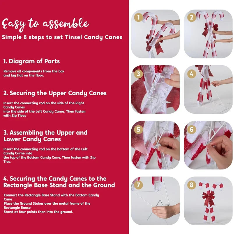 Lighted Candy Cane Christmas Decorations Outdoor, 50 Pre-Lit LED Warm White w/ Metal Stakes for Outside Porch