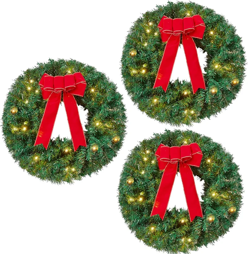 19" Christmas Pre-Lit WreathLED Lights with Ribbon (3 PCS) Wreaths Christmas Decorations - Battery Operated