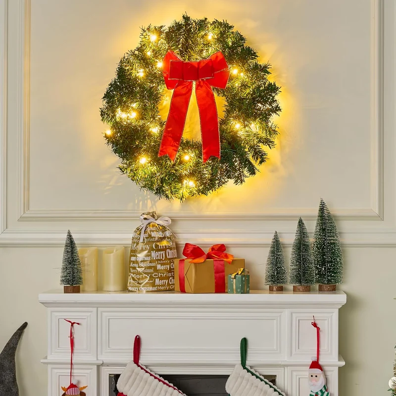 19" Christmas Pre-Lit WreathLED Lights with Ribbon (3 PCS) Wreaths Christmas Decorations - Battery Operated