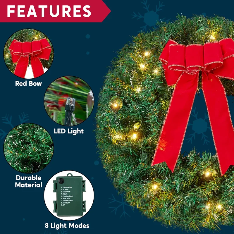 19" Christmas Pre-Lit WreathLED Lights with Ribbon (3 PCS) Wreaths Christmas Decorations - Battery Operated