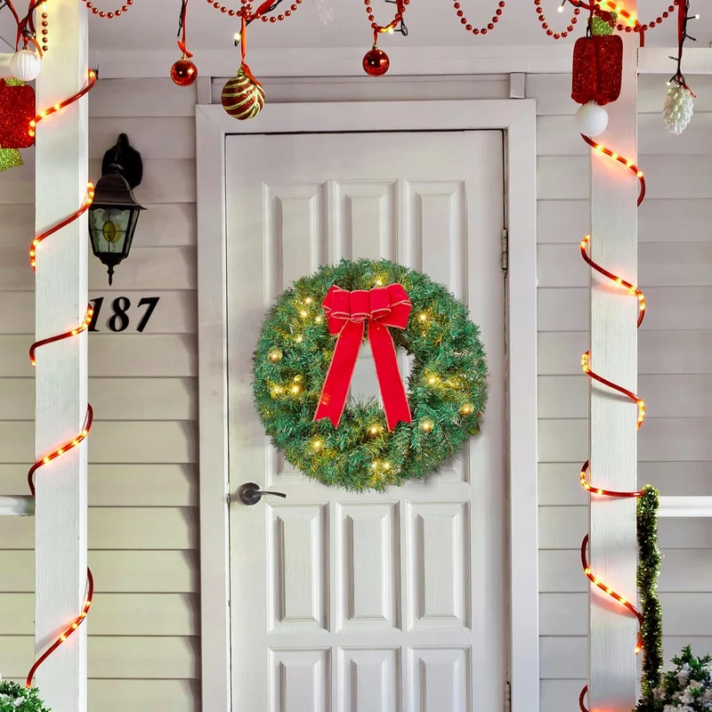 19" Christmas Pre-Lit WreathLED Lights with Ribbon (3 PCS) Wreaths Christmas Decorations - Battery Operated