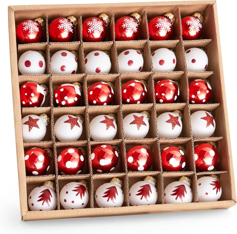 36 Pcs Christmas Mini Ball Ornament Set, Metalic Glass Small Balls with Glitter Prints & Rope Hangers - (Red & White)