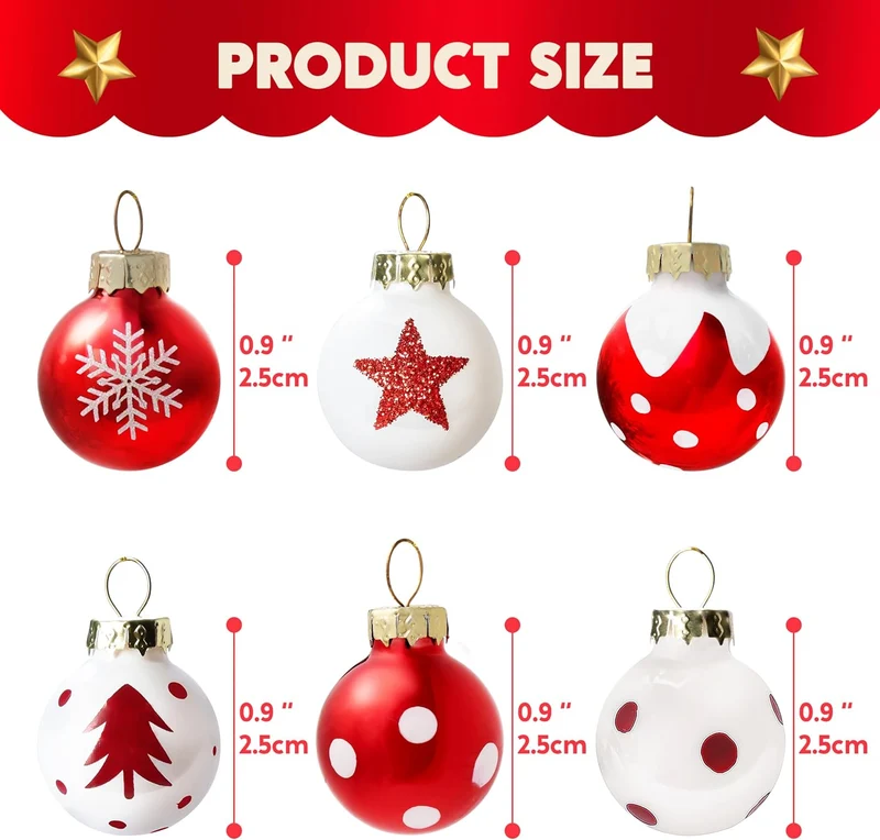 36 Pcs Christmas Mini Ball Ornament Set, Metalic Glass Small Balls with Glitter Prints & Rope Hangers - (Red & White)