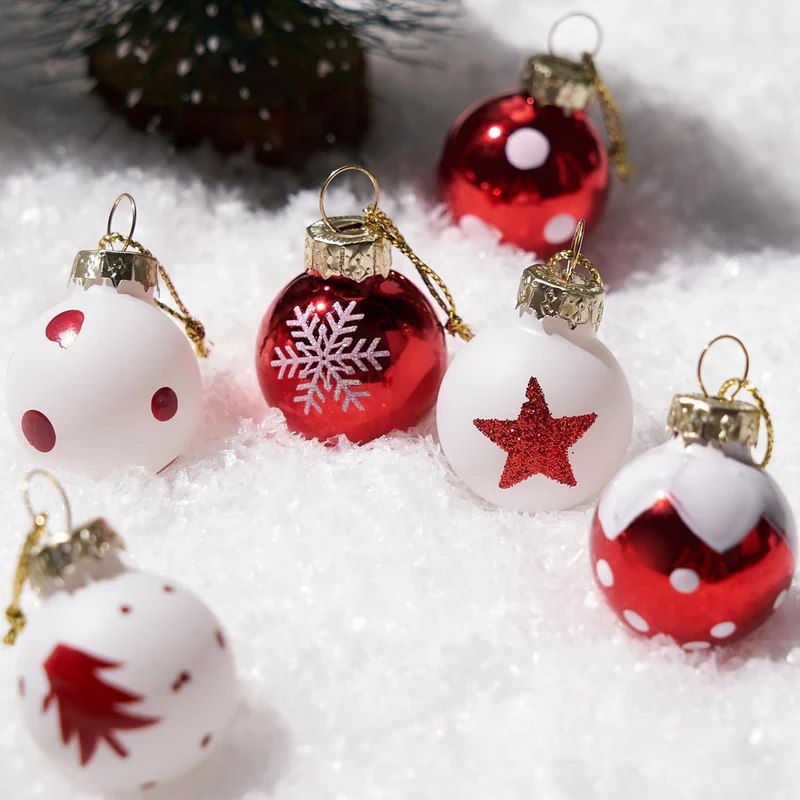 36 Pcs Christmas Mini Ball Ornament Set, Metalic Glass Small Balls with Glitter Prints & Rope Hangers - (Red & White)