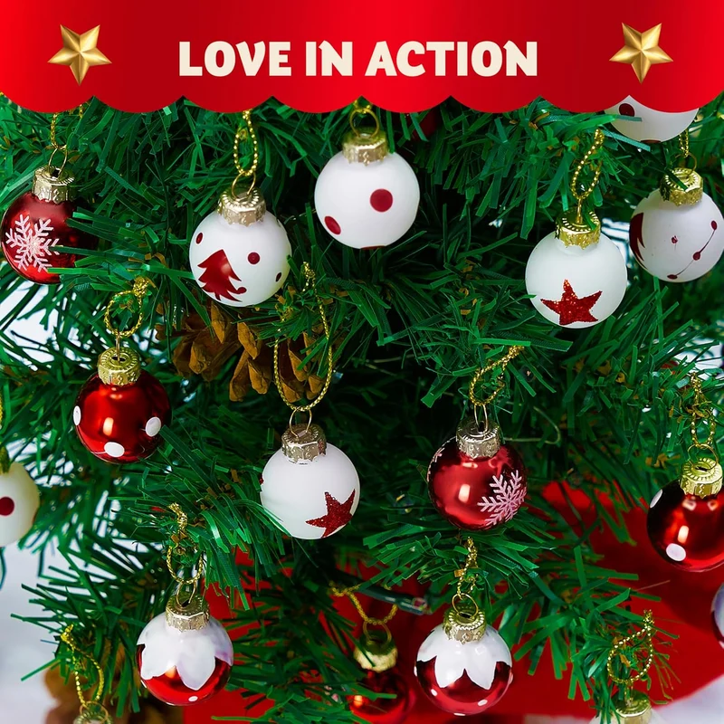 36 Pcs Christmas Mini Ball Ornament Set, Metalic Glass Small Balls with Glitter Prints & Rope Hangers - (Red & White)