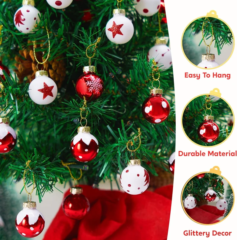 36 Pcs Christmas Mini Ball Ornament Set, Metalic Glass Small Balls with Glitter Prints & Rope Hangers - (Red & White)