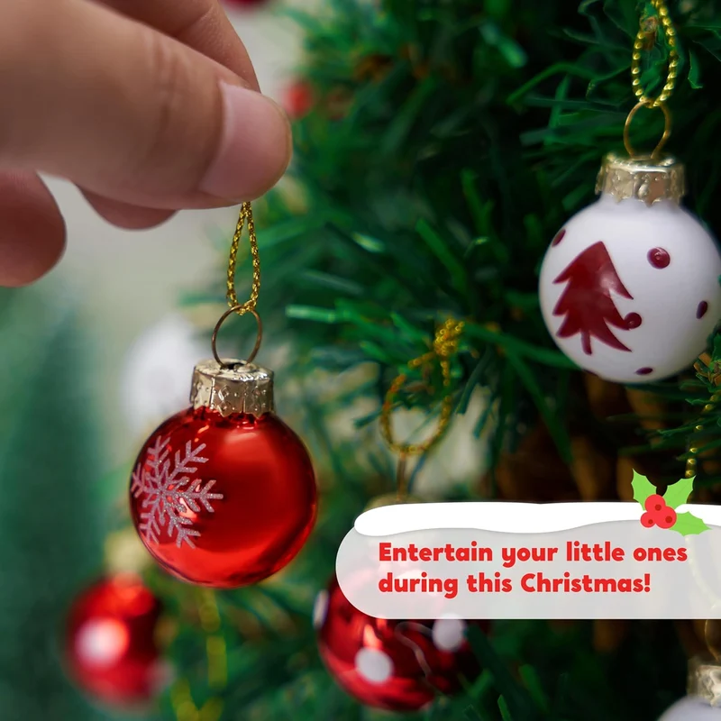 36 Pcs Christmas Mini Ball Ornament Set, Metalic Glass Small Balls with Glitter Prints & Rope Hangers - (Red & White)