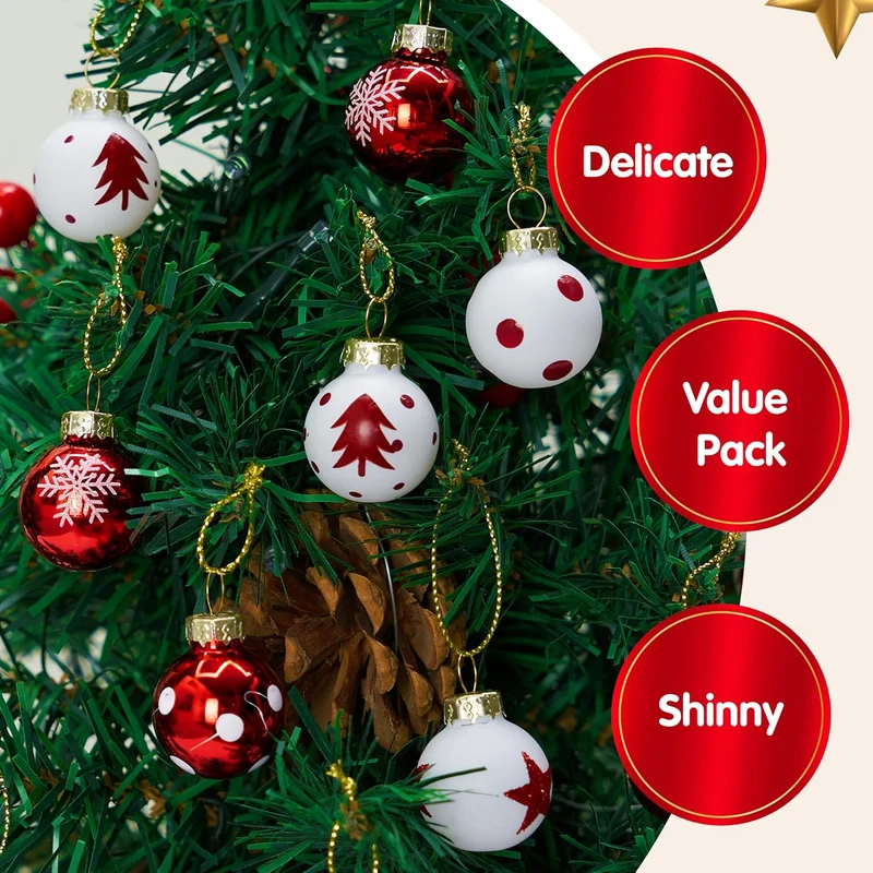 36 Pcs Christmas Mini Ball Ornament Set, Metalic Glass Small Balls with Glitter Prints & Rope Hangers - (Red & White)