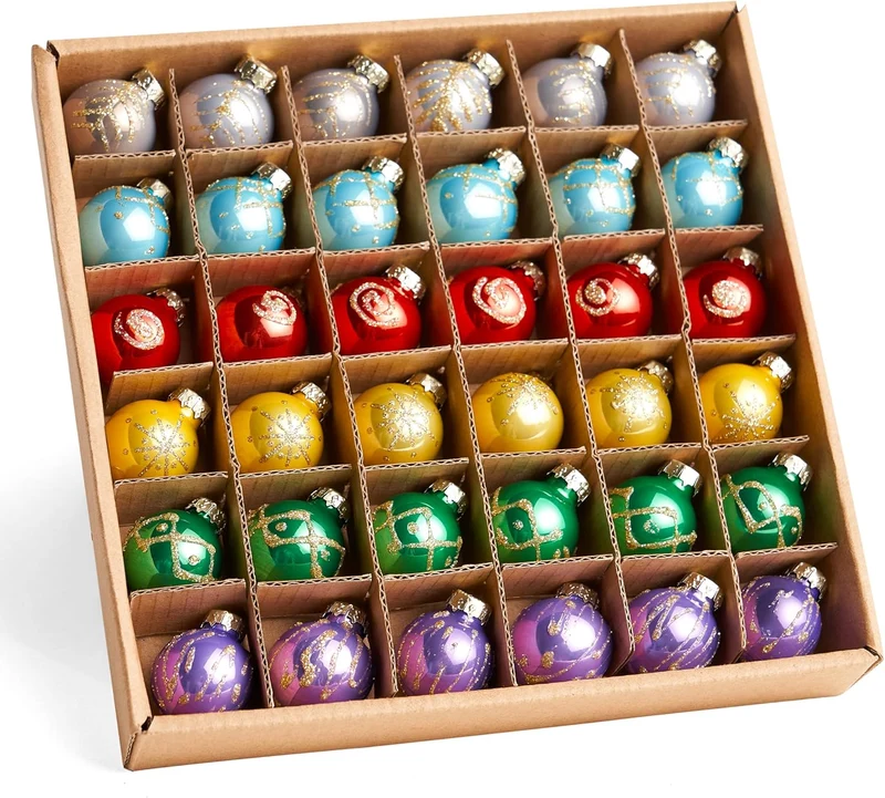 36 Pcs Christmas Colorful Mini Ball Ornament Set, Metallic Glass Small Balls with Glitter Prints & Rope Hangers - Glossy