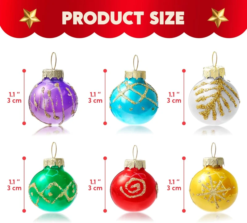 36 Pcs Christmas Colorful Mini Ball Ornament Set, Metallic Glass Small Balls with Glitter Prints & Rope Hangers - Glossy