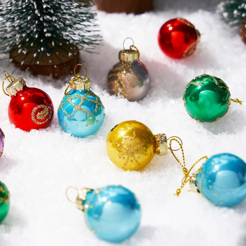 36 Pcs Christmas Colorful Mini Ball Ornament Set, Metallic Glass Small Balls with Glitter Prints & Rope Hangers - Glossy