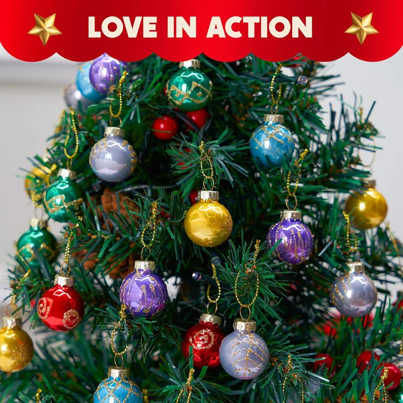 36 Pcs Christmas Colorful Mini Ball Ornament Set, Metallic Glass Small Balls with Glitter Prints & Rope Hangers - Glossy