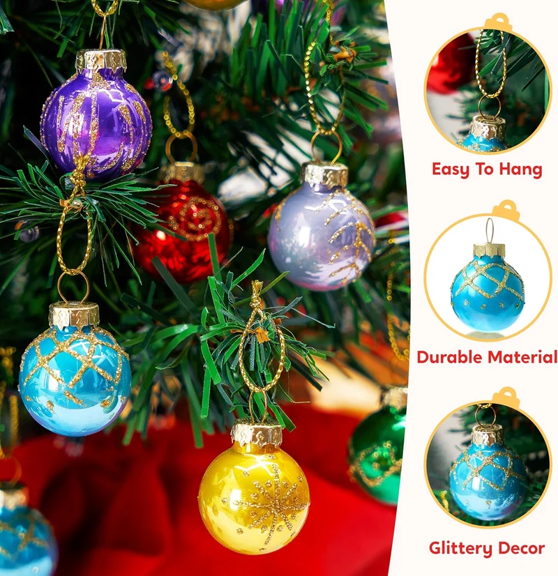 36 Pcs Christmas Colorful Mini Ball Ornament Set, Metallic Glass Small Balls with Glitter Prints & Rope Hangers - Glossy