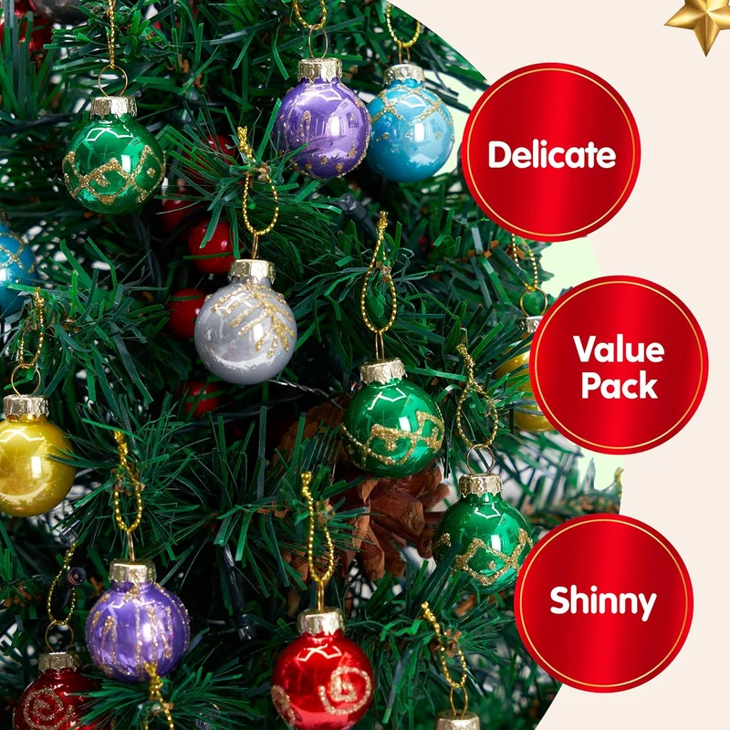 36 Pcs Christmas Colorful Mini Ball Ornament Set, Metallic Glass Small Balls with Glitter Prints & Rope Hangers - Glossy