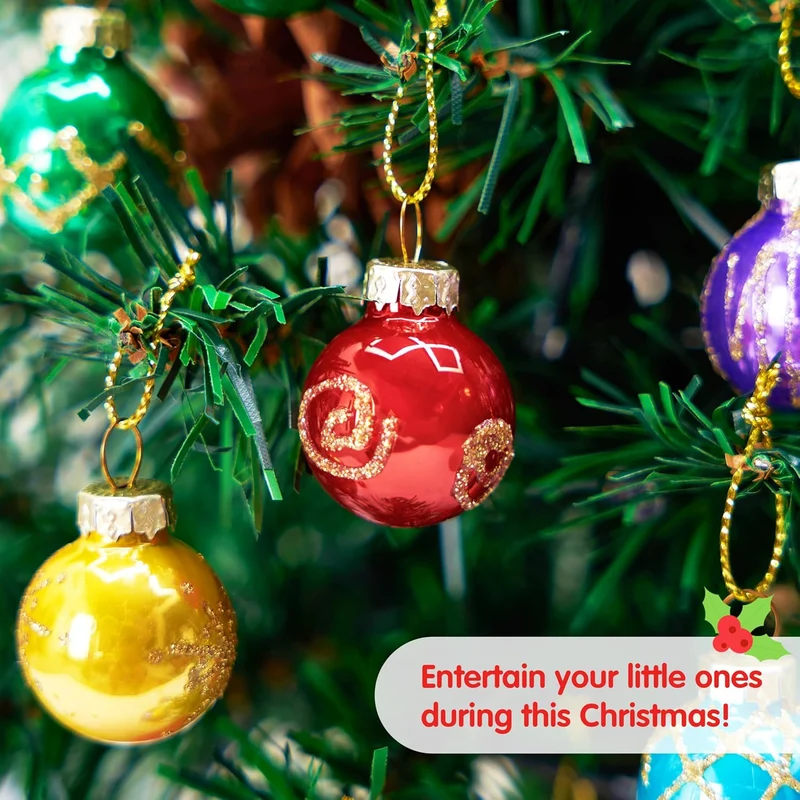 36 Pcs Christmas Colorful Mini Ball Ornament Set, Metallic Glass Small Balls with Glitter Prints & Rope Hangers - Glossy