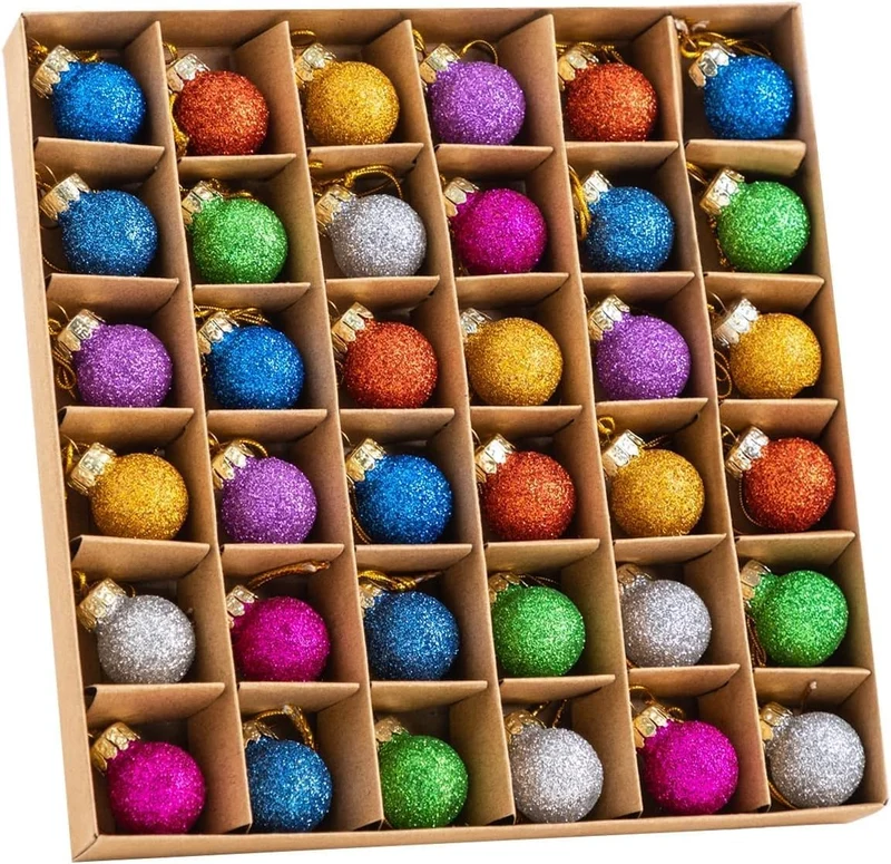 36 Pcs Christmas Mini Glitter Glass Balls Ornaments 1" Multicolor Hanging Ball Decoration and Holiday Ornaments - Glitter