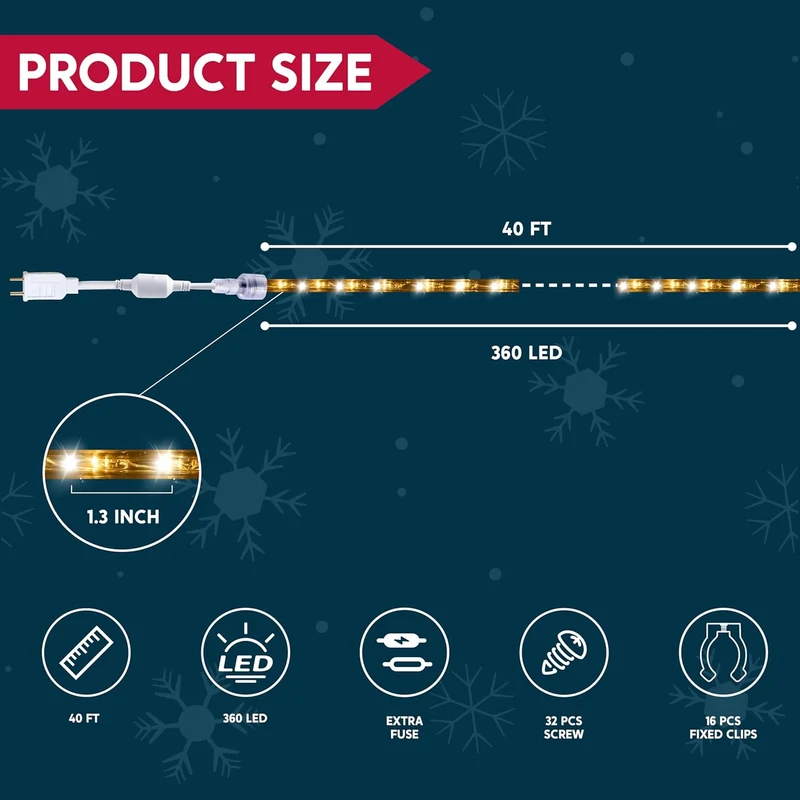 40FT LED Candy Cane Rope Lights, Waterproof 360 LED Christmas Decor Lights - (Warm White)