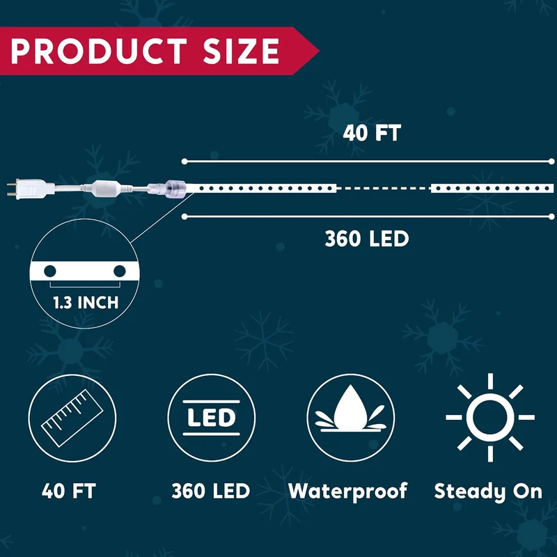 40FT LED Candy Cane Rope Lights, Waterproof 360 LED Christmas Decor Lights (Red & Warm White)