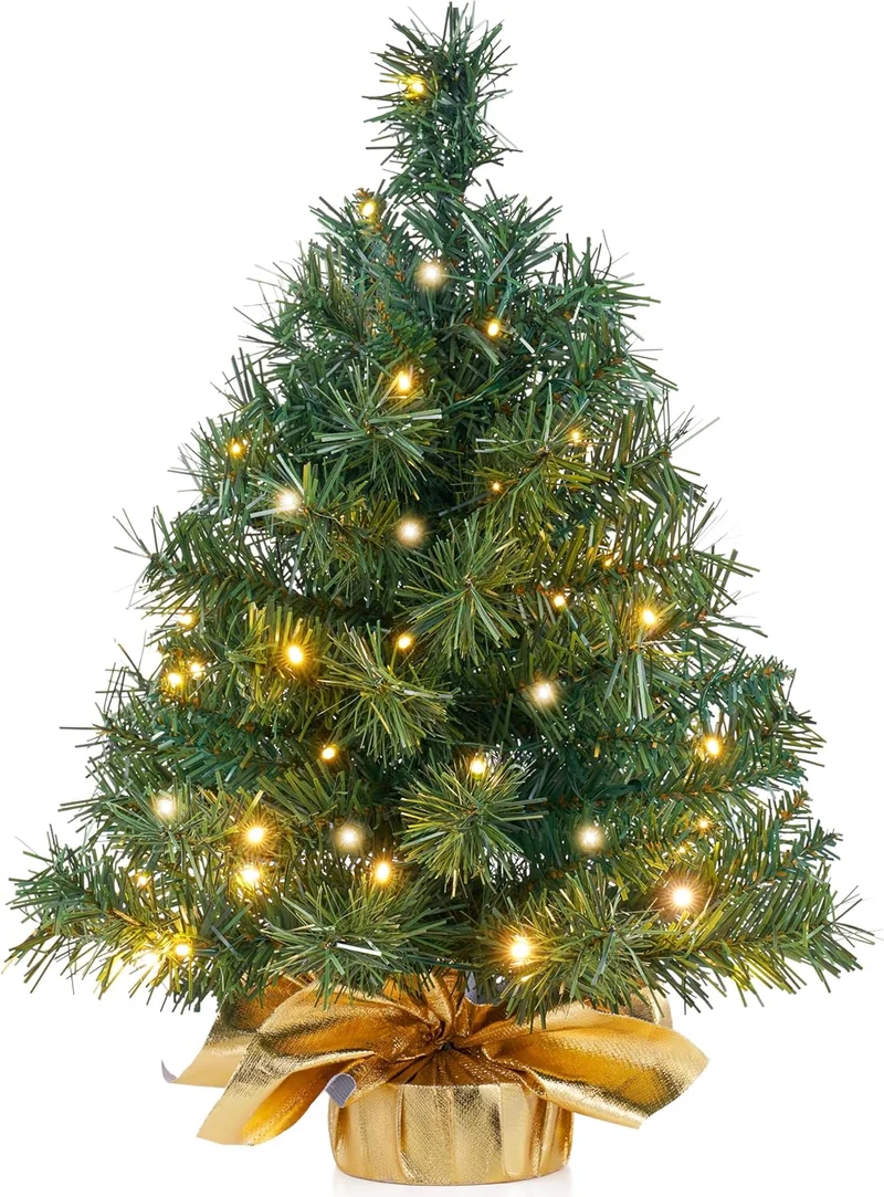 24"/2FT Small Tabletop Christmas Tree w/ LED Warm Lights Decorations Pre-lit Artificial
