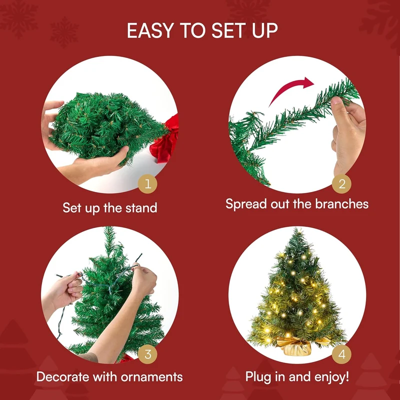 24"/2FT Small Tabletop Christmas Tree w/ LED Warm Lights Decorations Pre-lit Artificial