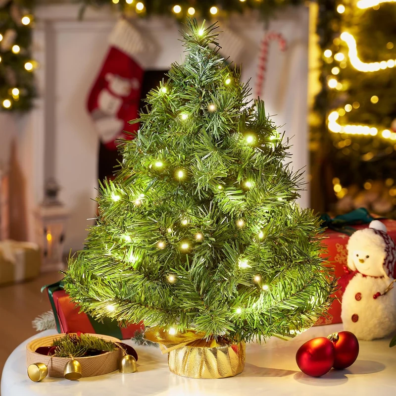 24"/2FT Small Tabletop Christmas Tree w/ LED Warm Lights Decorations Pre-lit Artificial