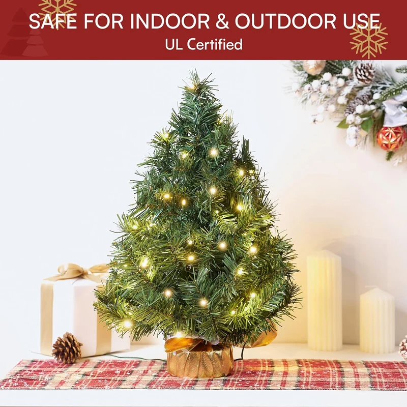 24"/2FT Small Tabletop Christmas Tree w/ LED Warm Lights Decorations Pre-lit Artificial