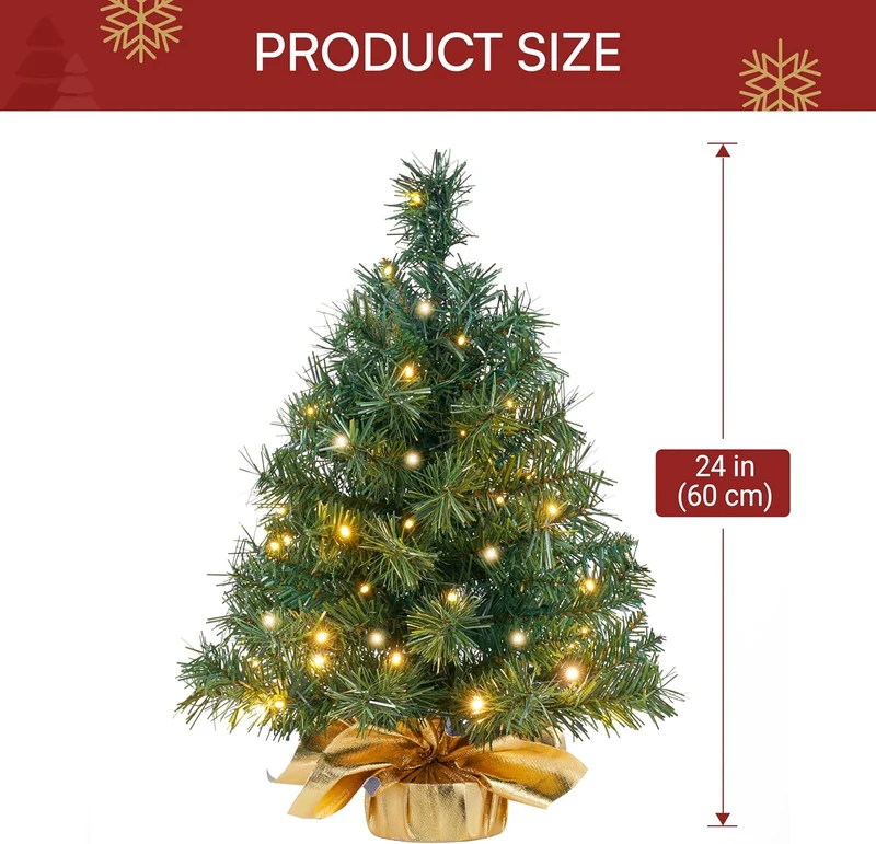 24"/2FT Small Tabletop Christmas Tree w/ LED Warm Lights Decorations Pre-lit Artificial