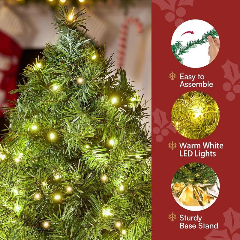 24"/2FT Small Tabletop Christmas Tree w/ LED Warm Lights Decorations Pre-lit Artificial