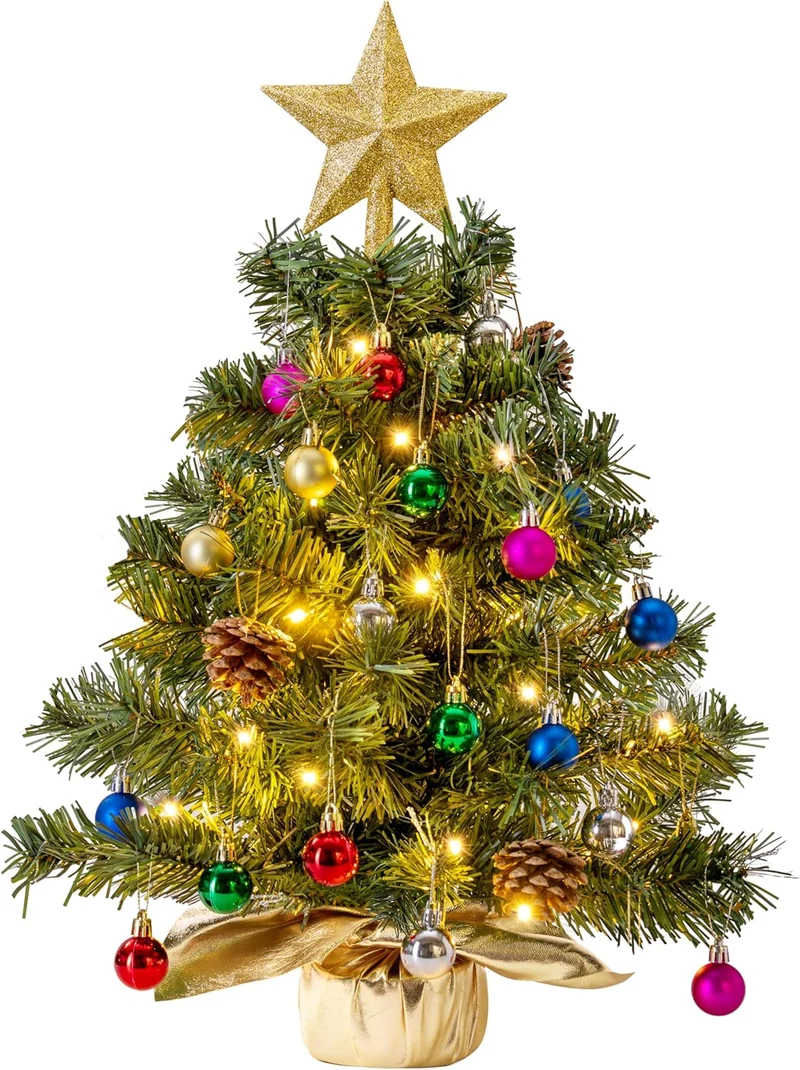 24"/2FT Tabletop Mini Christmas Tree Pre lit w/ Warm Lights, Holly Berries, Pine Cones and Ornaments (Gold)