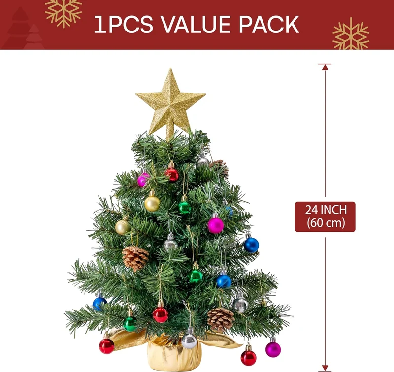 24"/2FT Tabletop Mini Christmas Tree Pre lit w/ Warm Lights, Holly Berries, Pine Cones and Ornaments (Gold)