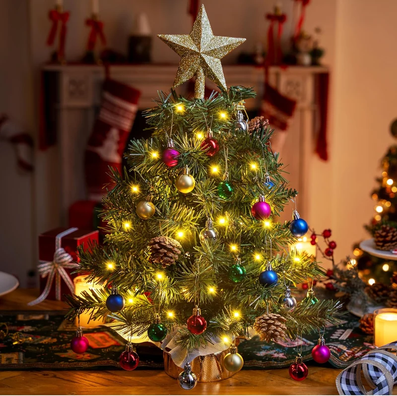 24"/2FT Tabletop Mini Christmas Tree Pre lit w/ Warm Lights, Holly Berries, Pine Cones and Ornaments (Gold)