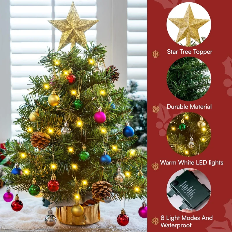 24"/2FT Tabletop Mini Christmas Tree Pre lit w/ Warm Lights, Holly Berries, Pine Cones and Ornaments (Gold)