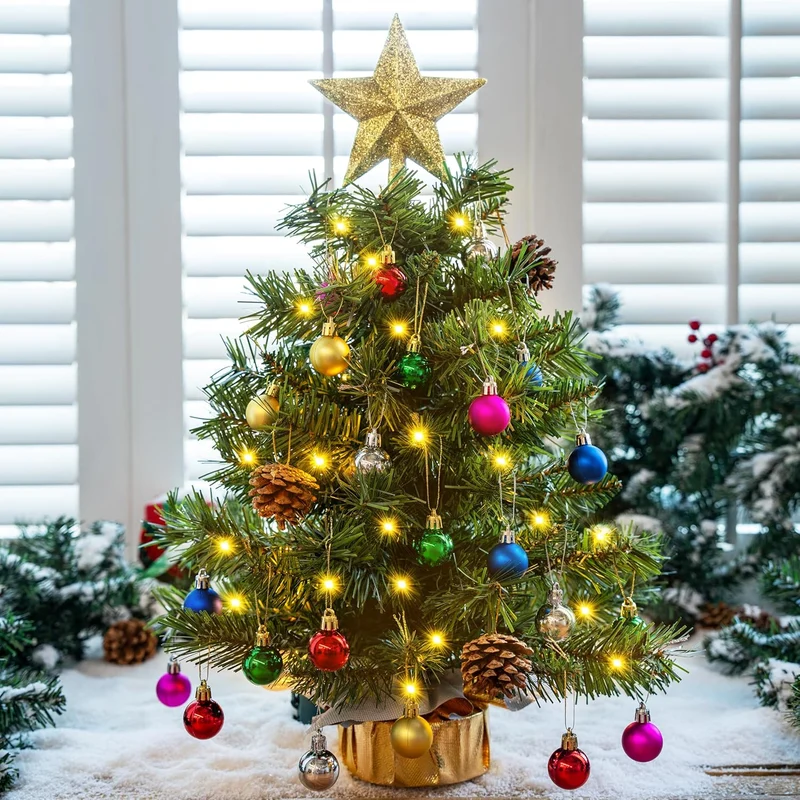 24"/2FT Tabletop Mini Christmas Tree Pre lit w/ Warm Lights, Holly Berries, Pine Cones and Ornaments (Gold)