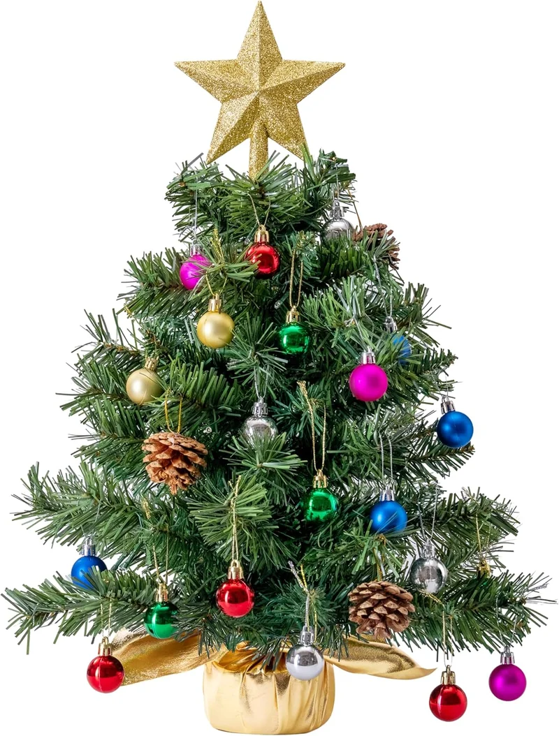 24"/2FT Tabletop Mini Christmas Tree Pre lit w/ Warm Lights, Holly Berries, Pine Cones and Ornaments (Gold)