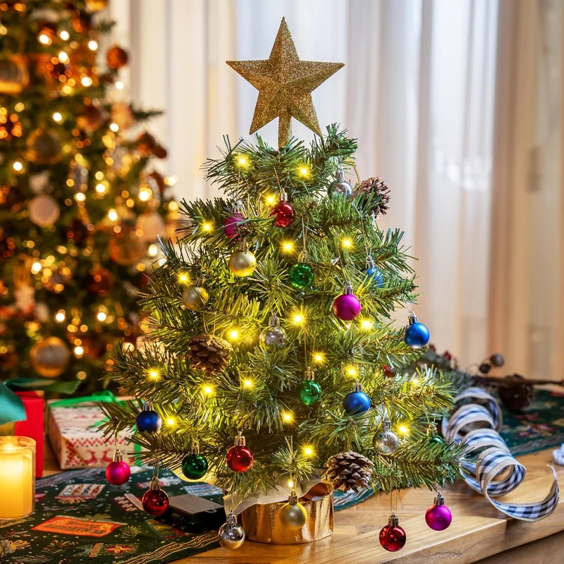 24"/2FT Tabletop Mini Christmas Tree Pre lit w/ Warm Lights, Holly Berries, Pine Cones and Ornaments (Gold)