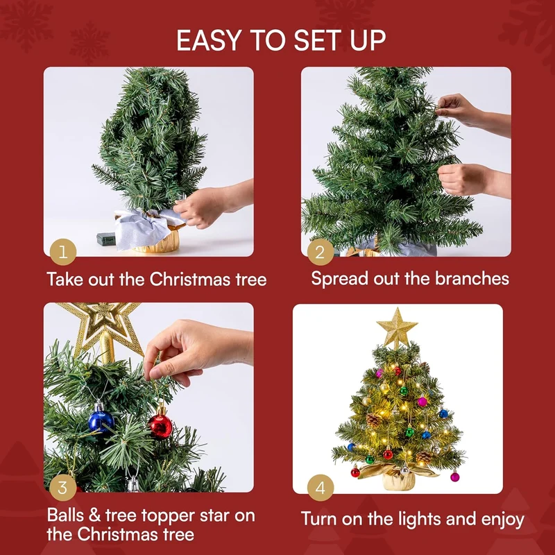 24"/2FT Tabletop Mini Christmas Tree Pre lit w/ Warm Lights, Holly Berries, Pine Cones and Ornaments (Gold)