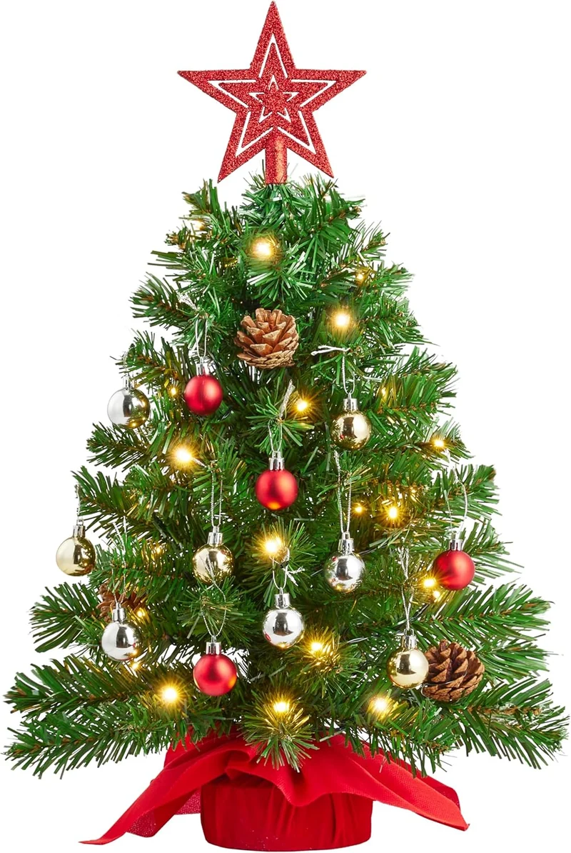 24 Inch/2FT Tabletop Mini Christmas Pre Lit Decoration, Artificial LED String Lights and Ornaments Decor