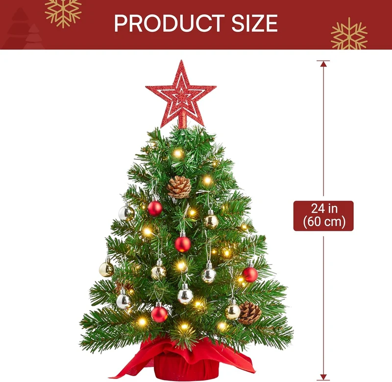 24 Inch/2FT Tabletop Mini Christmas Pre Lit Decoration, Artificial LED String Lights and Ornaments Decor