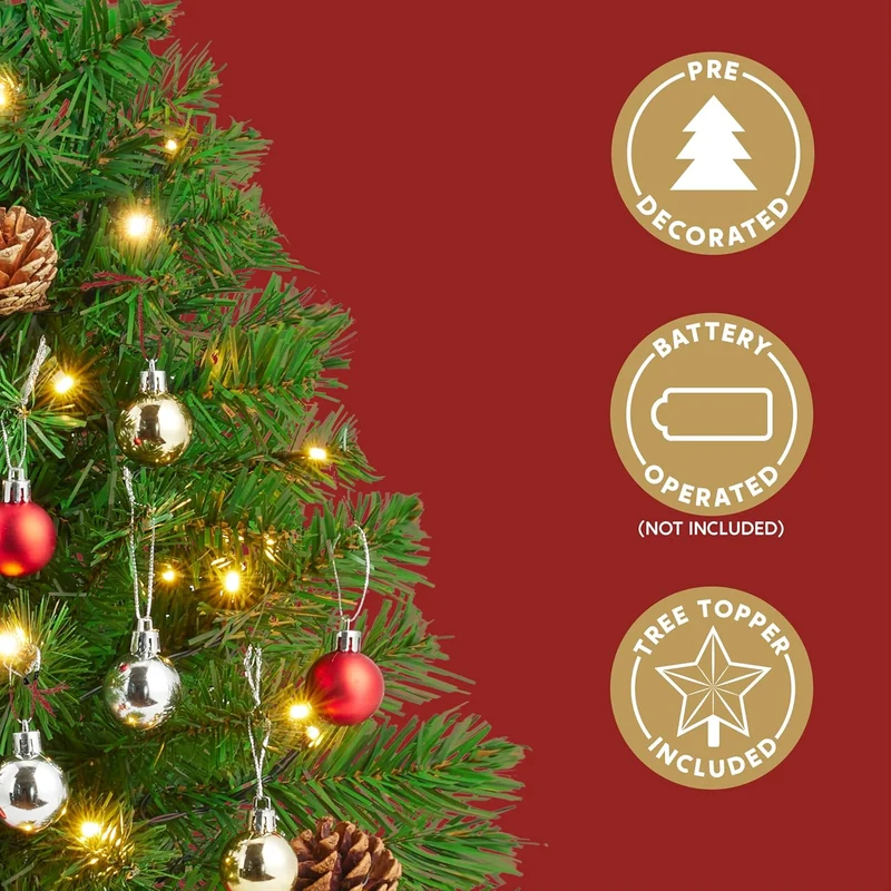 24 Inch/2FT Tabletop Mini Christmas Pre Lit Decoration, Artificial LED String Lights and Ornaments Decor