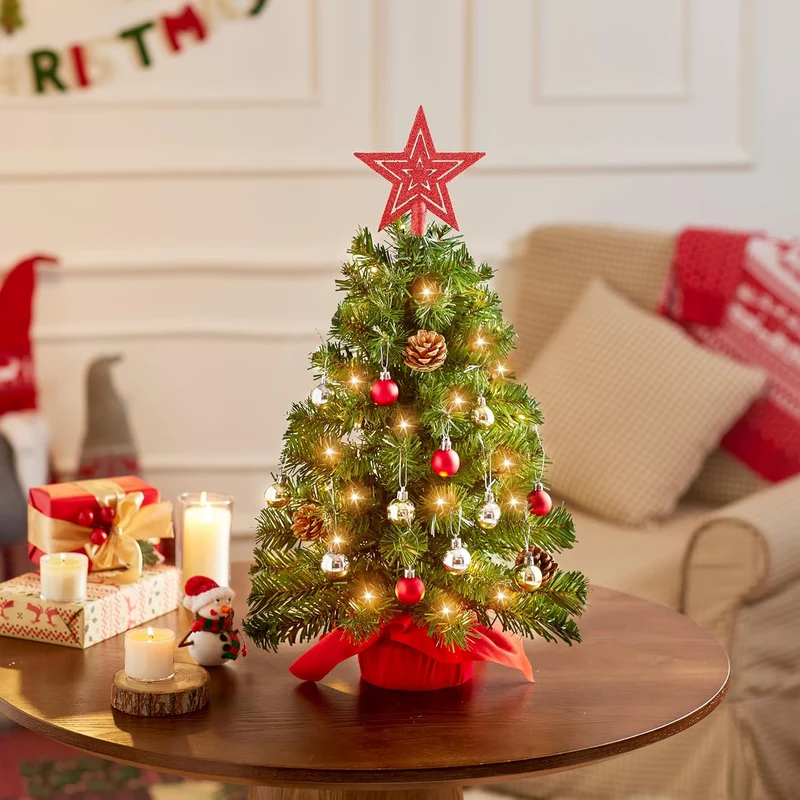 24 Inch/2FT Tabletop Mini Christmas Pre Lit Decoration, Artificial LED String Lights and Ornaments Decor