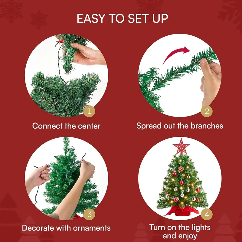24 Inch/2FT Tabletop Mini Christmas Pre Lit Decoration, Artificial LED String Lights and Ornaments Decor