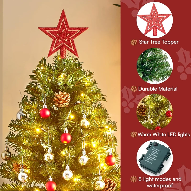 24 Inch/2FT Tabletop Mini Christmas Pre Lit Decoration, Artificial LED String Lights and Ornaments Decor
