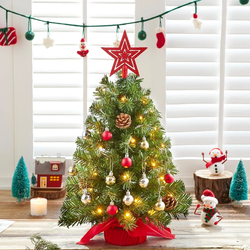 24 Inch/2FT Tabletop Mini Christmas Pre Lit Decoration, Artificial LED String Lights and Ornaments Decor