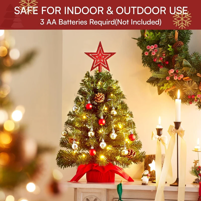 24 Inch/2FT Tabletop Mini Christmas Pre Lit Decoration, Artificial LED String Lights and Ornaments Decor