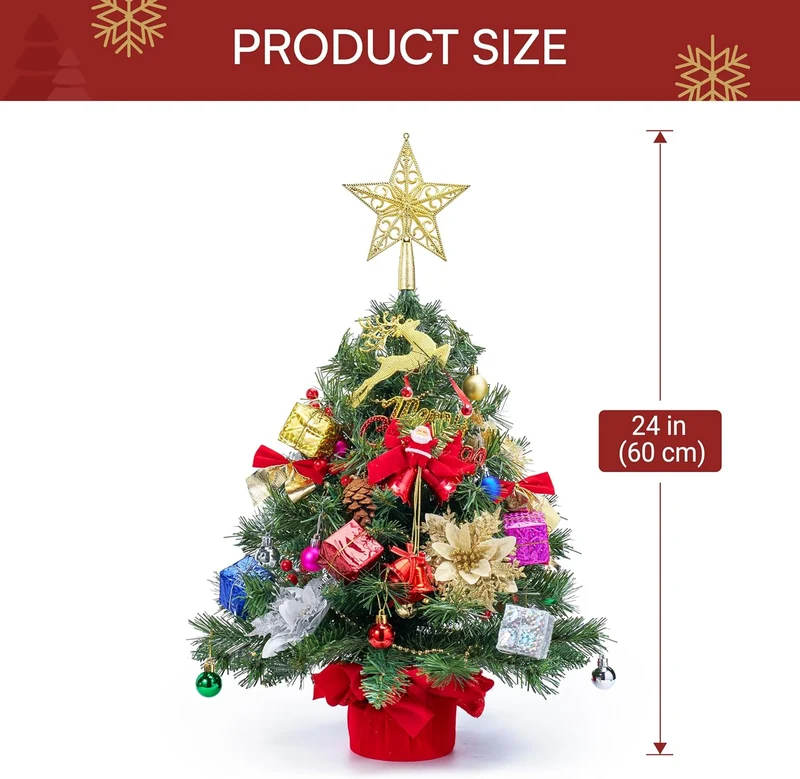 24"/2FT Pre-lit Tree w/ Decoration Kit Artificial w/ 70 30 LED Lights, Includes Star Topper Ornaments - Battery Operated