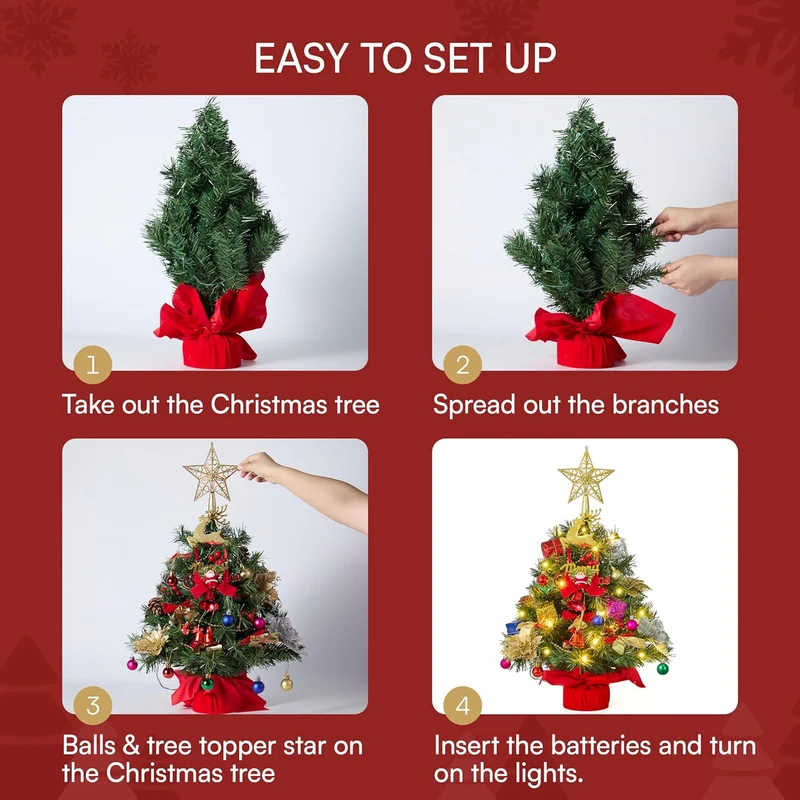 24"/2FT Pre-lit Tree w/ Decoration Kit Artificial w/ 70 30 LED Lights, Includes Star Topper Ornaments - Battery Operated