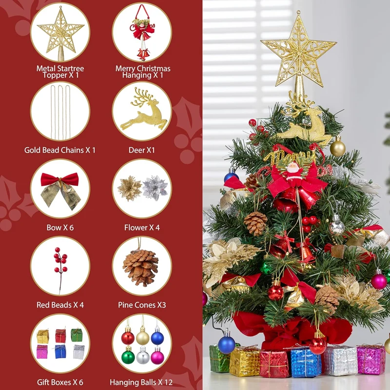 24"/2FT Pre-lit Tree w/ Decoration Kit Artificial w/ 70 30 LED Lights, Includes Star Topper Ornaments - Battery Operated
