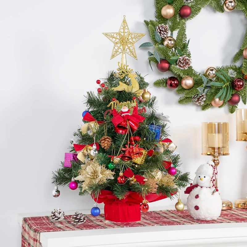 24"/2FT Pre-lit Tree w/ Decoration Kit Artificial w/ 70 30 LED Lights, Includes Star Topper Ornaments - Battery Operated