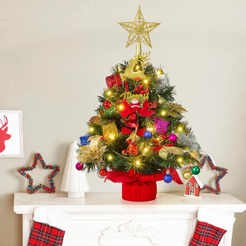 24"/2FT Pre-lit Tree w/ Decoration Kit Artificial w/ 70 30 LED Lights, Includes Star Topper Ornaments - Battery Operated